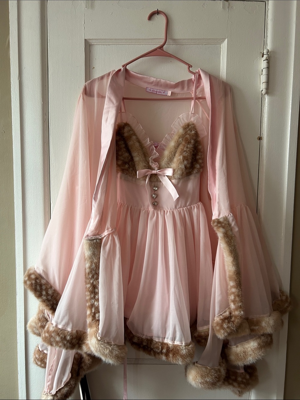 Pink Sheer Babydoll Nightdress with Faux Fur Trim